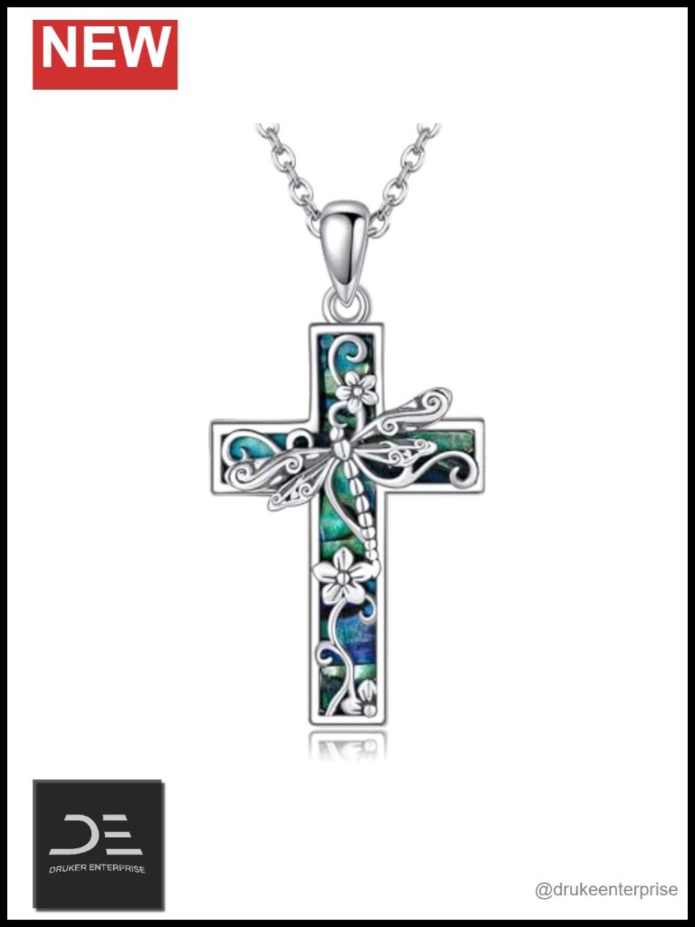 925 Sterling Silver Dragonfly Cross Pendant Necklace Adjustable Chain 18-20in